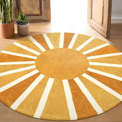Lahome Round Rugs 8Ft for Living Room, Soft Non-Slip Untra-Thin Boho Round Dining Room Rug, Cute Rainbow Sun Print Carpet for Bedroom Nursery Kids Room