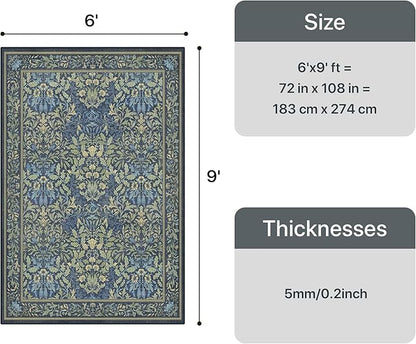 Bavni Floral Dark Blue Area Rugs 6x9, Vintage Boho Carpet Machine Washable, Non Slip Soft Low Pile Thin Rug for Bedroom, Living Room, Dining Room, Nursery