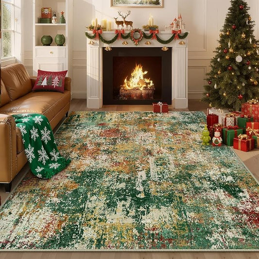 Washable Area Rugs 7'x9' Non-Slip Modern Abstract Soft for Living Room Entryway Bedroom Nursery, Print Pattern, Green Orange Rust Red Cream Colorful