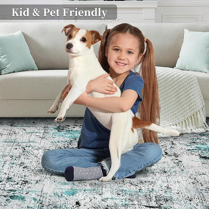 Ciicool Modern Abstract Area Rug 2x3 Washable Small Entryway Rugs, Non-Slip Low Pile Throw Rug, Foldable Kitchen Bathroom Rug, Teal Black Floor Carpet for Entrance Living Room Bedroom Indoor Door Mat