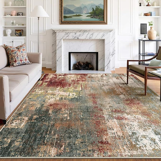 Washable Area Rugs 7'x9' Non-Slip Modern Abstract Soft for Living Room Entryway Bedroom Nursery, Print Pattern, Brown Rust Red Multi