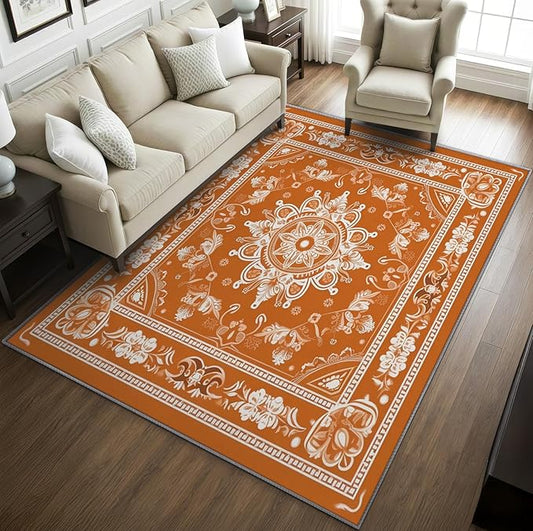 Mandala Rugs for Living Room -Vintage Floral Rug, 5x6 ft, Orange Mandala Area Rug, Boho Medallion Washable Non-Slip Stain Resistant Carpet, Meditation Boho Ethnic Home Decor & Gifts