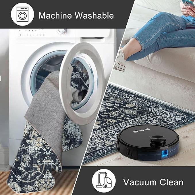 KILOCOCO Area Rug 5x7 Living Room Rug Washable Printed Vintage Floral Non Slip Soft Rubber Backed Indoor Bedroom Rugs for Laundry Room Kitchen Playroom Moroccan Area Rugs, Navy/Charcoal