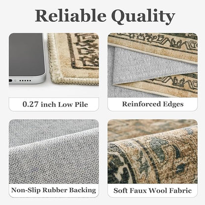 Washable Runner Rug 2x10 for Hallways, Retro Distressed Moody Medallion Long Carpet Runner for Entryway Mudroom, Low Pile Thin Soft Kitchen Bathroom Runner Rug Non Slip, Multi Brown/Slate Green