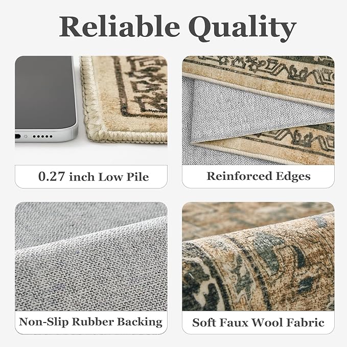 Medallion 3x7 Hallway Runner Rug, Washable Non Slip Runners for Kitchen Floor, Low Pile Thin Distressed Vintage Runner Carpet for Entryway/Mudroom/Foyer/Bathroom/Bedroom, Multi Brown/Olive