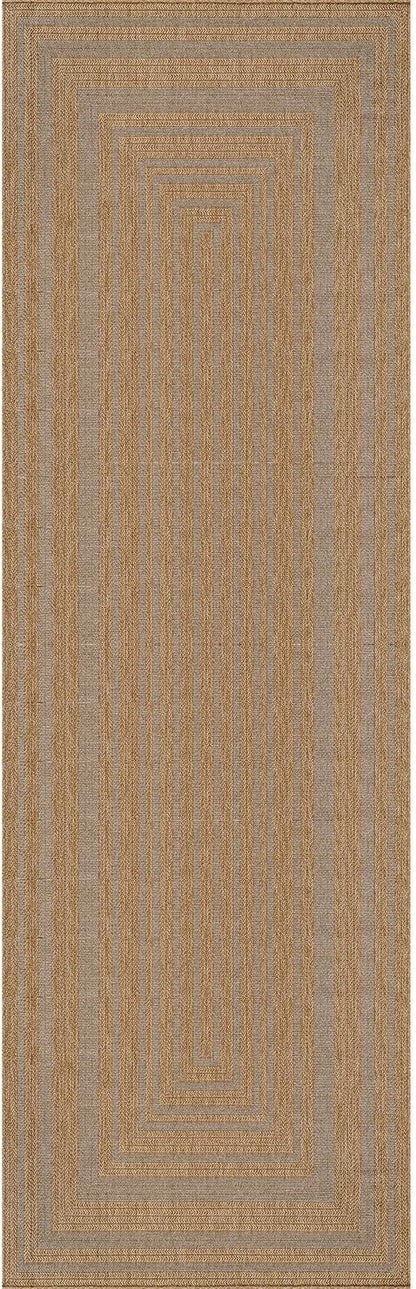 Beverly Rug Easy Jute Framed Border Runner Rug 2x7 Washable Durable Indoor Outdoor Area Rugs for Living Room Patio Office Stain Resistant Non Shedding Casual Indoor Outside Carpet 2 x 7 Natural