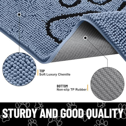 Smiry Dog Door Mat for Muddy Paws, Absorbent Dirt Trapper Non Slip Quick Dry Washable Chenille Mat for Mud Dogs, Entry Rug for Indoor and Outdoor (40x32 Inches, Airy Blue and Black)