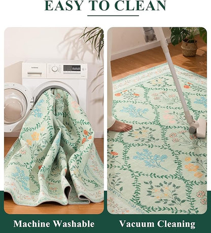YIHOUSE 6x9 Washable Rug for Bedroom, Green Floral Rugs for Living Room Non Slip Ultra-Thin Large Boho Rug for Kids Playroom, Classroom, Girls Dorm, Nursery, Green Multi