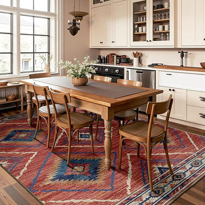 Area Rug 6x8 Rug Machine Washable Non-Slip Low Pile Print Pattern Western Rug for Living Room Bedroom Entryway Tribal Series-Red/Orange