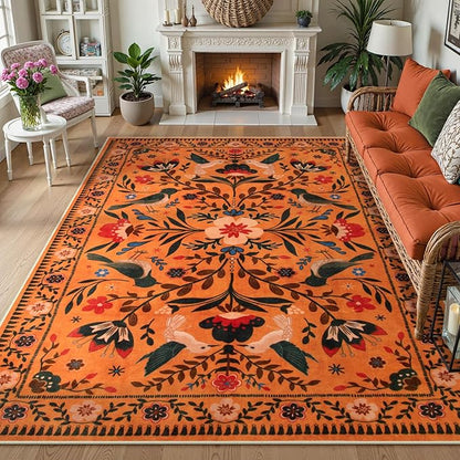 Moynesa Washable 8x10 Area Rugs for Living Room Bedroom Dining Room, Bohemian Scandinavian Modern Country Aesthetic Floral Bird Medallion Carpet, Fall Home Decor Open Floor Areas Protection Non-Slip