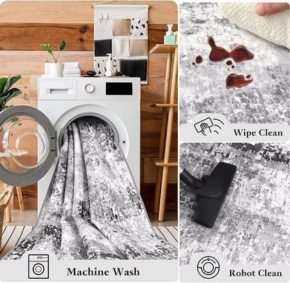 Washable Abstract Rug, 8x10 Modern Area Rugs with Non-Slip Rubber Backed for Living Room, Thin but Soft Contemporary Carpet Kitchen Bedroom Dining Room Decor, Dark Grey