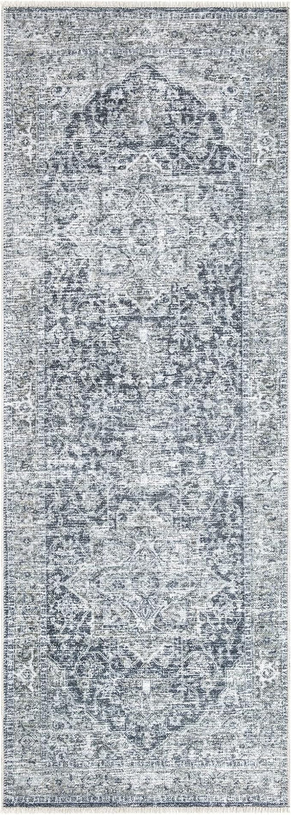 Bloom Rugs Caria Washable Non-Slip 10 ft Runner - Gray/Dark Blue Traditional Runner for Entryway, Hallway, Bathroom, and Kitchen - Exact Size: 2'6" x 10'