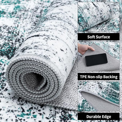 Ciicool Modern Abstract Rug for Living Room, 5'x7' Machine Washable Area Rug Teal Black Non-Slip Accent Rug, Low-Pile Contemporary Indoor Dining Floor Carpet for Bedroom Office Under Table Home Decor
