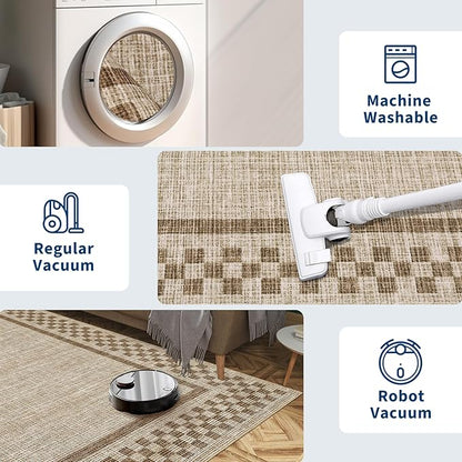 GarveeHome Washable Area Rugs 10x13 Non Slip Soft Large Living Room Rug Modern Checkered Bedroom Rug Soft Geometric Bordered Throw Carpet for Dining Room Home Decor Office Nursery, Taupe