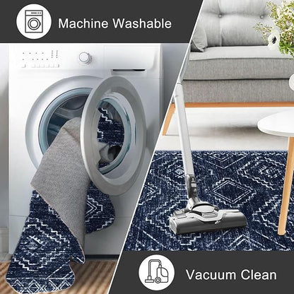 KILOCOCO Boho Entryway Rug 3x5 Area Rug Washable Non Slip Printed Throw Rugs Soft for Kitchen Living Room Dining Bedroom Geometric Moroccan Carpet, Dark Blue