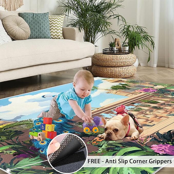 Peacock Rugs for Living Room - 3x4 Rug, Tropical Palm Leaves Area Rugs for Bedroom, Peacock Decor Rug, Floral Animal Washable Carpet, Peafowl Carpet - Peafowl Home Decor & Gifts