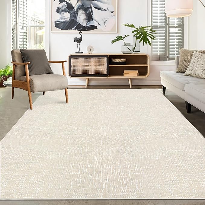 RUGSREAL Bedroom Area Rug 4x6 Modern Abstract Area Rug Stain Resistant Small Living Room Rug Contemporary Dining Room Rug Non-Slip Solid Rug Aesthetic Accent Floor Carpet for Kitchen Office, Cream