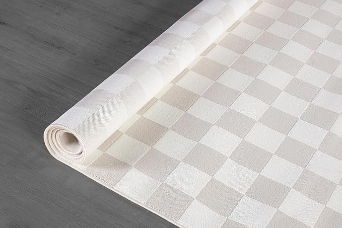 Beverly Rug Modern Geometric Area Rug 8x10 Low-High Pile Durable Soft Abstract Checkered Indoor Rugs for Living Dining Room Office Stain Resistant Non Shedding Casual Indoor Carpet Beige White 8 x 10