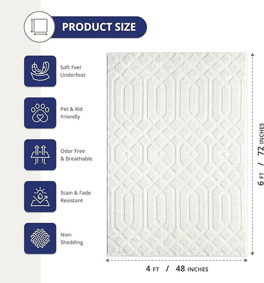 Abani Cozy Cream Area Rug for Living Room, Bedroom - Geometric Diamond Pattern - 4' x 6' - Durable & Easy to Clean