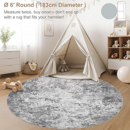6ft Round Area Rug Living Room Rugs - 6x6 Washable Neutral Modern Abstract Soft Thin Rug Indoor Floor No Slip Rug Carpet for Bedroom Under Dining Table Home Office Decor - Grey
