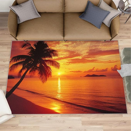 Coastal Rugs for Bedroom - 4x6 Area Rug - Ocean Beach Rugs for Living Room, Sunset Palm Trees Rug, Non-Slip Washable Home Decor Carpet