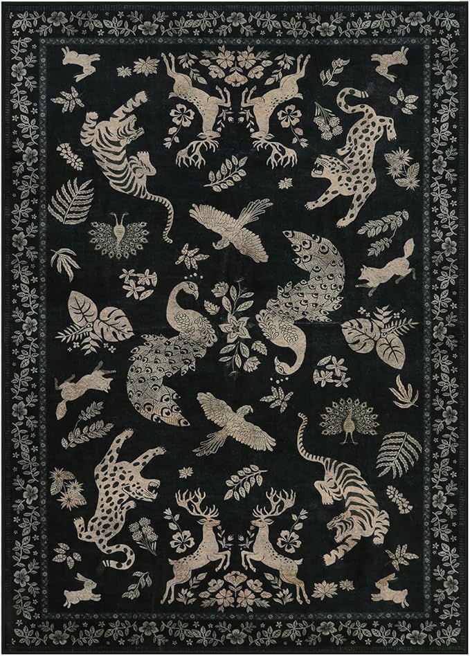 Moynesa Vintage Animal Washable Area Rugs 5x7, Retro Black Gold Area Rug for Bedroom Living Room Dining Room Office Study, Low Pile Soft Non-Slip Lightweight Carpets for Home Decor