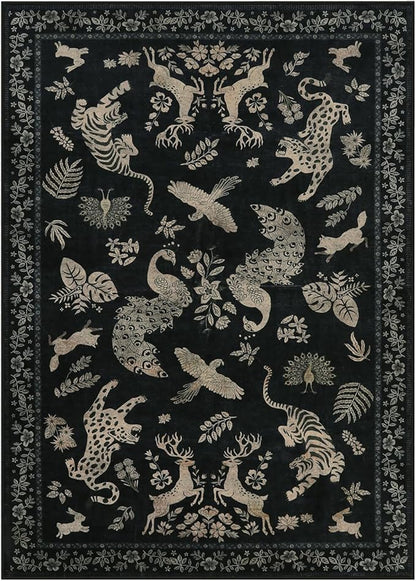 Moynesa Vintage Animal Washable Area Rugs 5x7, Retro Black Gold Area Rug for Bedroom Living Room Dining Room Office Study, Low Pile Soft Non-Slip Lightweight Carpets for Home Decor