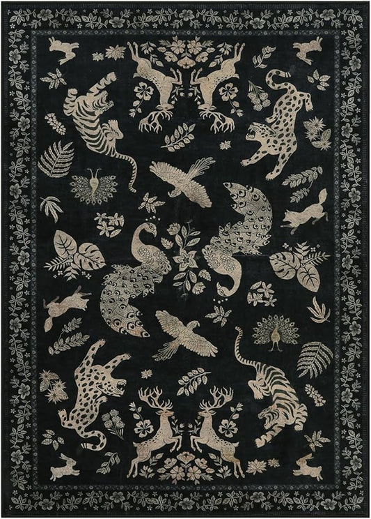 Moynesa Vintage Animal Washable Area Rugs 5x7, Retro Black Gold Area Rug for Bedroom Living Room Dining Room Office Study, Low Pile Soft Non-Slip Lightweight Carpets for Home Decor
