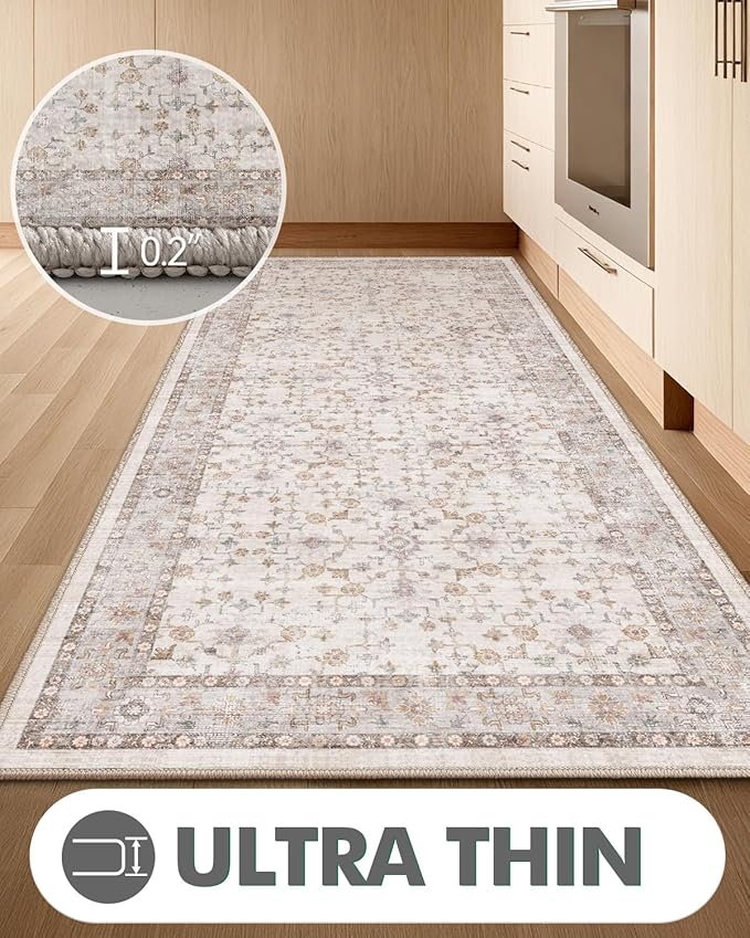 LUMI Washable Kitchen Rug, 23x87 Non-Slip Indoor Hallway Runner, Soft Low Pile Vintage Distressed Area Rugs for Laundry, Bedroom, Beige