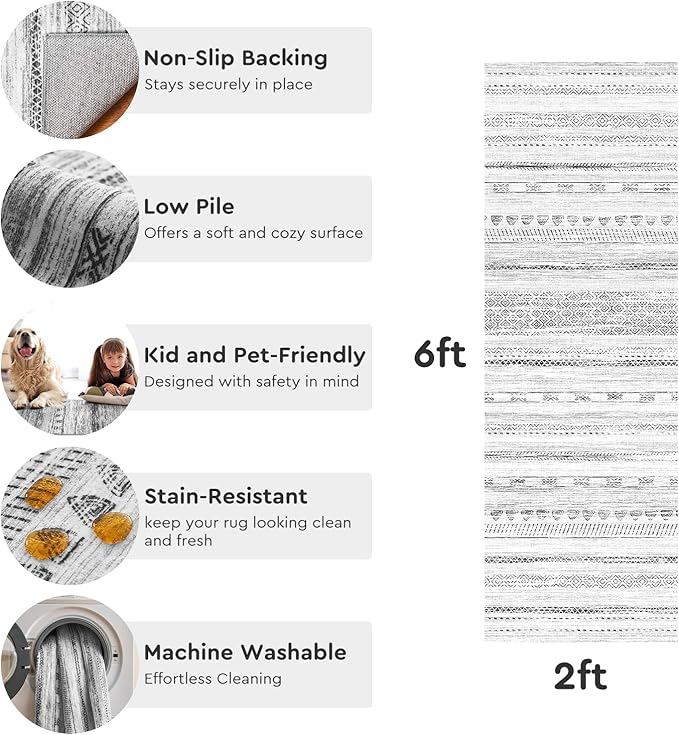 2x10 Runner Rug Machine Washable Non Slip Area Rug Distressed Neutral Moroccan Boho Rug Ultra Soft Floor Runners for Hallways for Entryway Laundry Room Kitchen, Black
