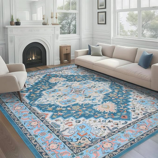 WILLSUN Washable Area Rugs, 8x10 Non-Slip Boho Large Area Rugs for Living Room, Bedroom, Machine Washable Vintage Rug, Indoor Floral Print Carpet for Home Decor, Kid & Pet Friendly Mat