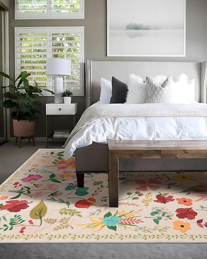 Area Rug 9x12, Washable Large Rugs for Living Room, Non Slip 0.27" Low Pile Vintage Floral Large Carpet for Bedroom, Dining Room, Kids Playroom (Beige)