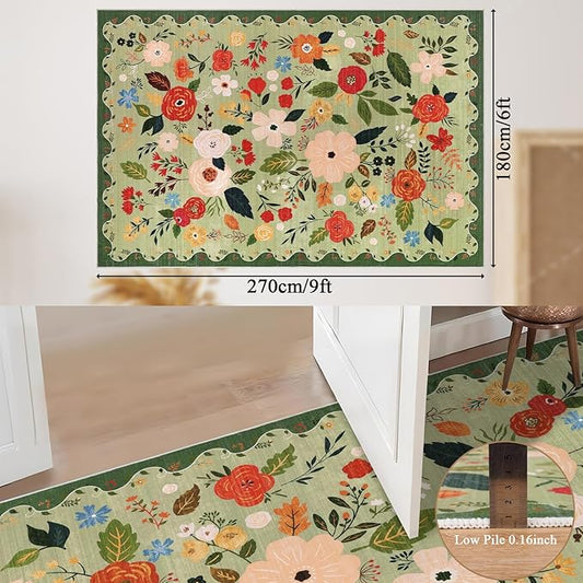 U'Artlines 6x9ft Vintage Floral Area Rug Machine Washable Ultra Soft Low Pile Non Slip Non Shedding Accent Floor Carpet for Living Room, Bedroom, Dining Room, Office (Green)