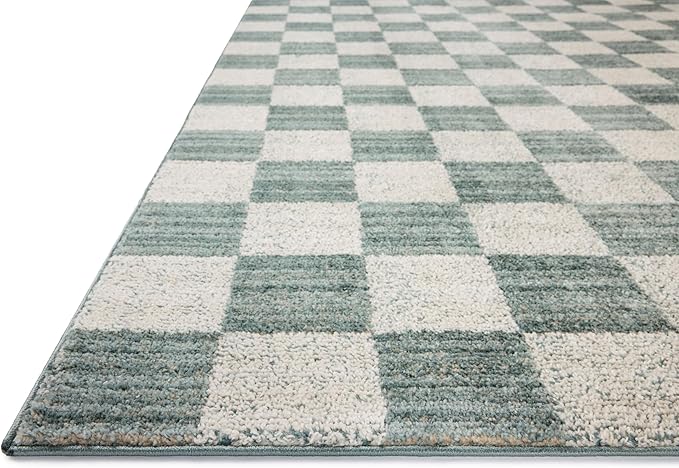Loloi Chris Loves Julia Calvin Collection CLV-01 Blue/Ivory 2'-7" x 7'-6" Runner Rug Checkered Neutral Soft Living Room Bedroom Carpet