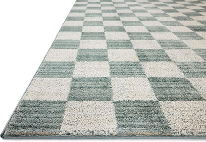 Loloi Chris Loves Julia Calvin Collection CLV-01 Blue/Ivory 7'-10" x 7'-10" Round Area Rug Checkered Neutral Soft Living Room Bedroom Carpet