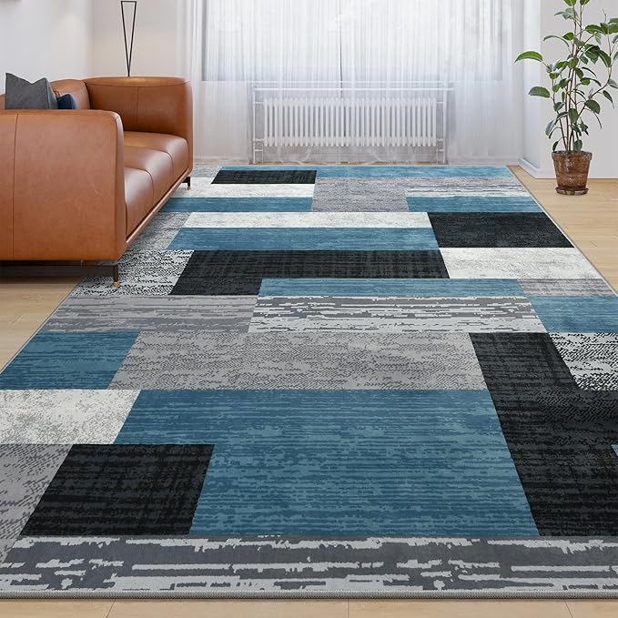 Large Area Rugs,Modern Geometric Patchwork Floor Decor for Bedroom Aesthetic Carpet, Rockwood Collection, Indoor Rugs for Living Room, Dining Room, Nursery, Office, Machine Washable Rug,9x12 Ft Blue