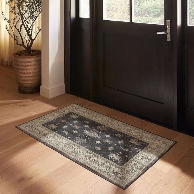 RUGGABLE Washable Vintage Area Rug – Verena Dark Wood 3x5, Stain-Resistant, Non-Slip – Small Machine Washable Rugs for Living Room, Bedroom, Hallway, Entryway & Office–with Standard Pad