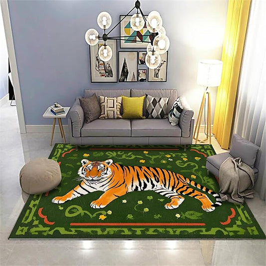 Jungle Tiger Area Rug,5x7ft, Cozy Jungle Style Tiger Print Area Rug Surrounded by Green Plants and Yellow Flowers Washable Animal Rug for Farmhouse Living Room Bedroom Kitchen Kids Room Decor