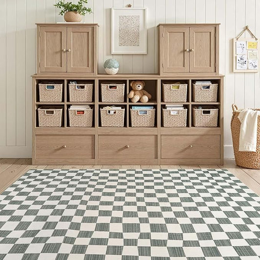 jinchan 4x6 Checkered Area Rugs for Kids Room - Machine Washable Soft Rug Modern Geometric Lattice Non-Slip Carpet for Nursery Playroom Bedroom Entryway Living Room Dining Room Home Office Grey