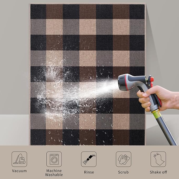 Tangsoo Checkered Easy Jute Rug,3x5 Washable Area Rug for Bedroom,Non-Slip Black Brown Indoor Outdoor Rug Modern Farmhouse Low Pile Carpet for Bedroom Patio Backyard Entryway