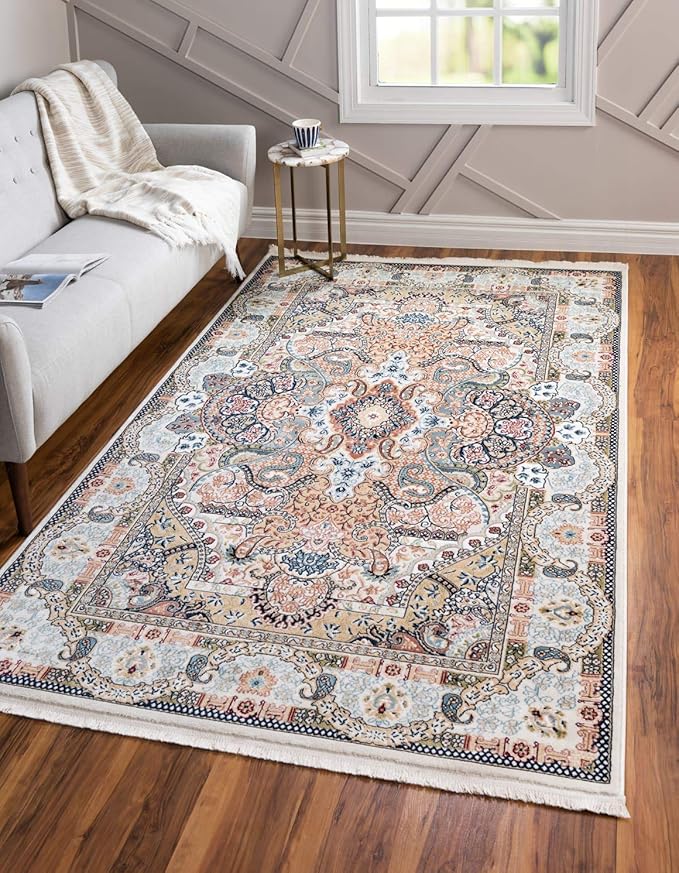 Unique Loom Narenj Collection Classic Traditional Medallion Textured Design Area Rug, 5 x 8 ft, Ivory/Tan