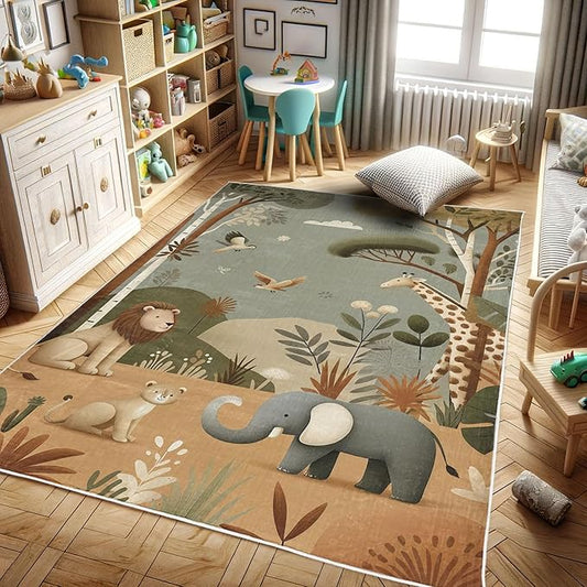 Ambesonne Woodland Decorative Rug, Funny Nature Theme Cartoon Lion Elephant Bird Giraffe Animals Print, Quality Carpet for Bedroom Dorm and Living Room, 2' 2" x 3' 7", Olive Green Redbrown Ecru