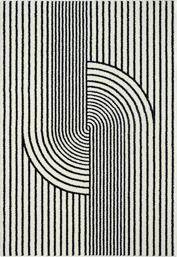 Abani Nuevo Collection Area Rug - Mid-Century Black and White Arch Knot Design - 6' Round - for Living Room, Bedroom & Office