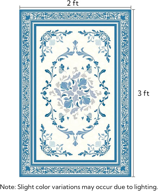 SOULFUL Medium Pile 2x3 Entryway Rug - Cozy Soft Underfoot Small Area Rug - Blue Boho Floral - Washable Non-Slip - Perfect for Hallway Kitchen Bedroom Bathroom Indoor Entrance