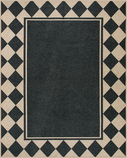 Moynesa Easy Jute Outdoor Rug 8x10 Area Rugs for Living Room, Washable Checkered Indoor Outdoor Patio Rug Non Slip, Farmhouse Carpet for Bedroom Dining Room Table, Black Grid Pattern