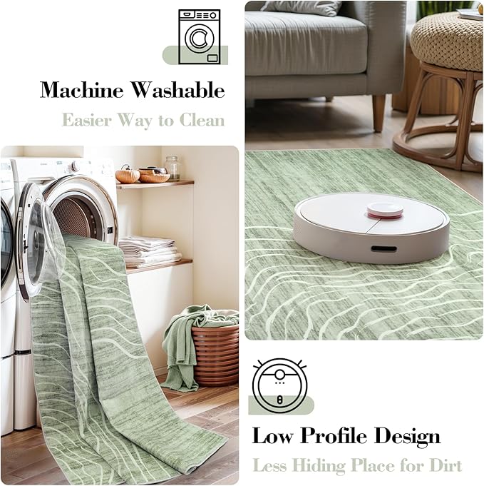 5x7 Sage Green Modern Abstract Area Rugs for Living Room, Washable Rugs for Nursery Bedroom, Non-Slip Minimalist Neutral Wave Striped Rugs for Playroom Boys, Throw Accent Rug Carpet for Dining Room