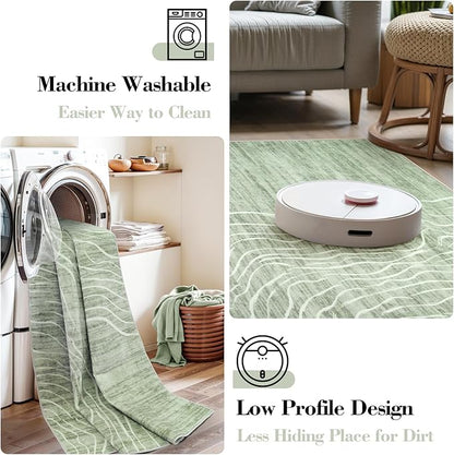 5x7 Sage Green Modern Abstract Area Rugs for Living Room, Washable Rugs for Nursery Bedroom, Non-Slip Minimalist Neutral Wave Striped Rugs for Playroom Boys, Throw Accent Rug Carpet for Dining Room