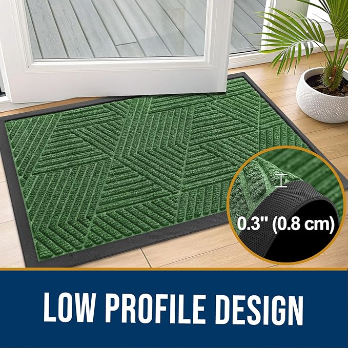 Kitinjoy Front Door Mat Outside Entrance, Sturdy Natural Dirt Trapper, Heavy Duty Rubber Doormat, Low Profile Non-Slip Backing, Easy Clean Floor Mat for Indoor Outdoor Entry, 47X23 Inch, Green