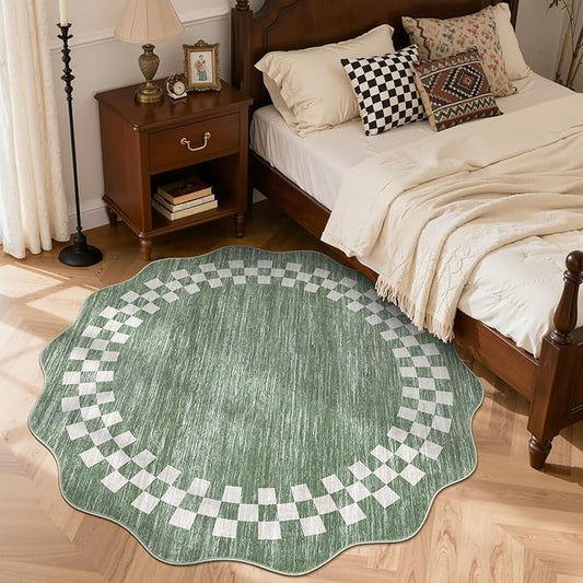 GarveeHome Scalloped Round Rug 4ft Modern Solid Color Circle Rugs Non Slip Low Pile Living Room Throw Carpat Washable Bedroom Scalloped Round Area Rug Stain Resistant Bordered Rug for Kitchen, Green