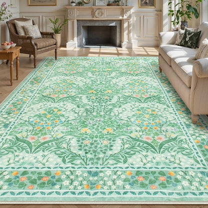 Lahome Floral Washable Rugs 8x10, Soft 8x10 Area Rugs for Living Room Bedroom, Boho Non-Slip Green Forest Design Large Throw Carpet for Farmhouse Dining Room Office, Sage Green